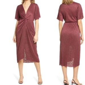 ALL IN FAVOR Dolman Plissé Midi Dress Size medium red burgundy deep v